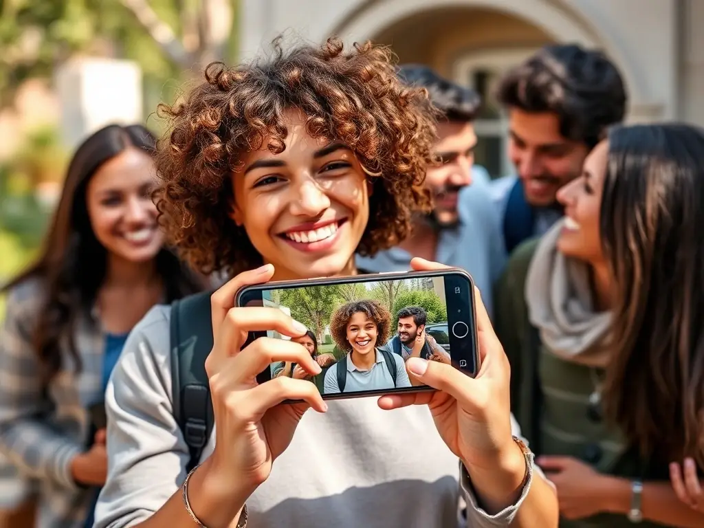 A person sharing their Future You video on social media, with friends and family reacting positively and offering support.